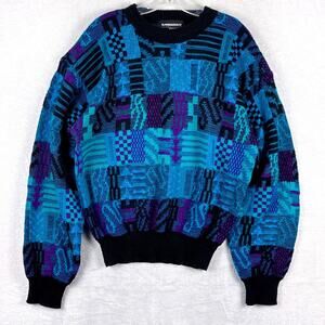 VTG 80s Expressions International Sweater Men L Blue Black Geometric Coogi Style